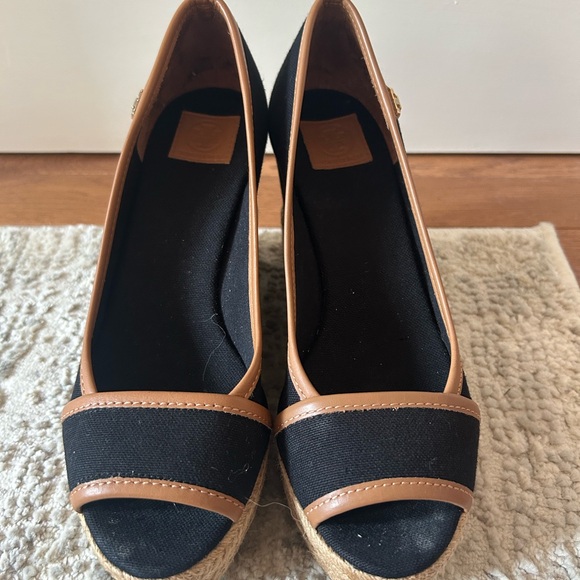 Tory Burch Shoes - Tory Burch Black Canvas Wedge Espadrilles with Tan Trim